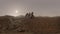 Rendering of a panoramic view of a crashed alien space ship on Mars surface of the planet