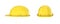 Rendering of two yellow construction helmets, side and front view, isolated on the white background.