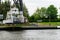 Rendsburg, Germany - May 11, 2022: Rendsburg Transporter Bridge Schwebefaehre. The hanging ferry under the bridge span