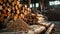Renewable Energy: Stack of Biomass Wood Pellets and Woodpile Background