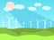 Renewable energy. Windmills and green fields landscape. Summer sunny weather. Wind generators green energy. Vector
