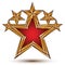 Renown vector emblem with five glamorous golden stars, 3d pentagonal design element, clear EPS 8 royal symbol.