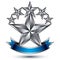 Renown vector silver star emblem with wavy ribbon, 3d sophisticated pentagonal design element, clear EPS 8.