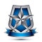 Renown vector silver star emblem with wavy ribbon placed on a pr
