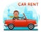 Rent Car businessman male riding on car flat design cartoon