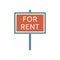 For rent green vector sign. Isolated on white background. Concept for renting apartments and houses. Real estate illustration