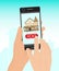 Rent home concept banner vector illustration. Real estate booking app on smartphone screen. Hand hold mobile phone