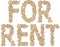 For rent phrase watercolor illustration. Words made of woodcuts. Natural design of letters.