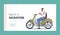 Rent a Scooter Landing Page Template. Male Character Rider Motorcyclist Riding Motorcycle. Man Driving Vintage Bike