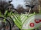 Rentable green city bucycles offered by MOL in diminishing perspective in Budapest, Hungary