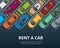 Renting a new or used car. Car rental booking reservation banner. Vector illustration background