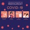 Reopening text and the measure of prevention for coronavirus infection in restaurant, shop and hospital. Washing hands, alcohol ge