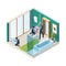 Repair bathroom. Plumber workers install pipelines in washing room vector concept pictures isometric