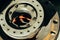 Repair of car brake discs. Hub and brake discs with pads in close-up analysis. Urgent repair in car service