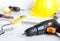 Repair man, construction worker tools on white background.