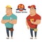 Repair man with wrench and drill in hand. Plumber, mechanic or handyman in work clothes.Set of two characters. Flat vector illustr
