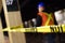 Repair in New York subway. MTA worker on the platform of the NYC subway station behind the caution tape