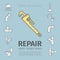 Repair, plumbing work, plumbing systems, plumber tool, sewage. Thin line icon set.