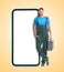 Repair service - just call. Happy professional repairman holding toolbox and smartphone with blank screen on beige background,