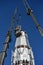 Repair of the steeple of the church of Saint-Pie in Quebec with two cranes