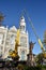 Repair of the steeple of the church of Saint-Pie in Quebec with two cranes