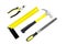 Repair tool kit. File, hummer, corner ruler, pilers on white background top view pattern