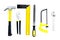 Repair tool kit. File, saw, hummer, corner ruler on white background top view pattern