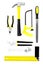 Repair tool kit. File, saw, hummer, corner ruler on white background top view pattern