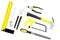 Repair tool kit. File, saw, hummer, corner ruler on white background top view pattern