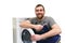 Repair washing machine by a service technician at customer`s home // insulated on white background