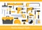 Repair worker tools set, yellow hand instrument equipment for work on construction