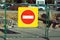 Repair works. Traffic sign prohibiting entry Ñloseup