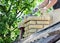 Repairing a brick chimney with bricklaying.  Building contractor is rebuidling a chimney on a house with asbestos roof