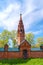 Repairing church of red brick in summer day