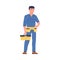 Repairman in Blue Overalls Standing with Toolbox and Yellow Belt with Instrument for Working and Fixing Vector