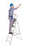 Repairman climbing step ladder