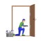 Repairman fixing door flat vector illustration. Professional workman fitting door hinge using electric drill cartoon