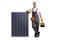 Repairman leaning on a photovoltaic module for sustainable solar energy