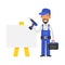 Repairman stands near blank sign and holds screwdriver and smiling. Vector characters