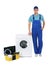 Repairman with toolbox near washing machine on background