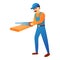 Repairman working with hand saw icon, cartoon style