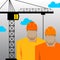 Repairs, Construction builder in yellow helmet working with different tools. Engineer. Worker. Flat design illustration.