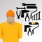 Repairs, Construction builder in yellow helmet working with different tools. Engineer. Worker. Flat design illustration.