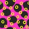 Repeated circles and round spots painted with rough brush. Bright geometric seamless pattern.