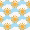 Repeated clouds and suns painted with a rough brush. Colour seamless pattern.