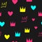 Repeated crowns and hearts. Cute girly seamless pattern. Endless colorful girlish print.