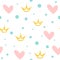 Repeated crowns, hearts and round dots. Cute seamless pattern. Drawn by hand.