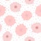 Repeated cute flowers and irregular polka dots drawn by hand. Floral seamless pattern.