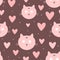 Repeated faces of cats, hearts and round dots. Cute seamless pattern for children.