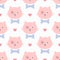 Repeated faces of cute cats with bows and hearts. Girly seamless pattern. Endless print with kittens.